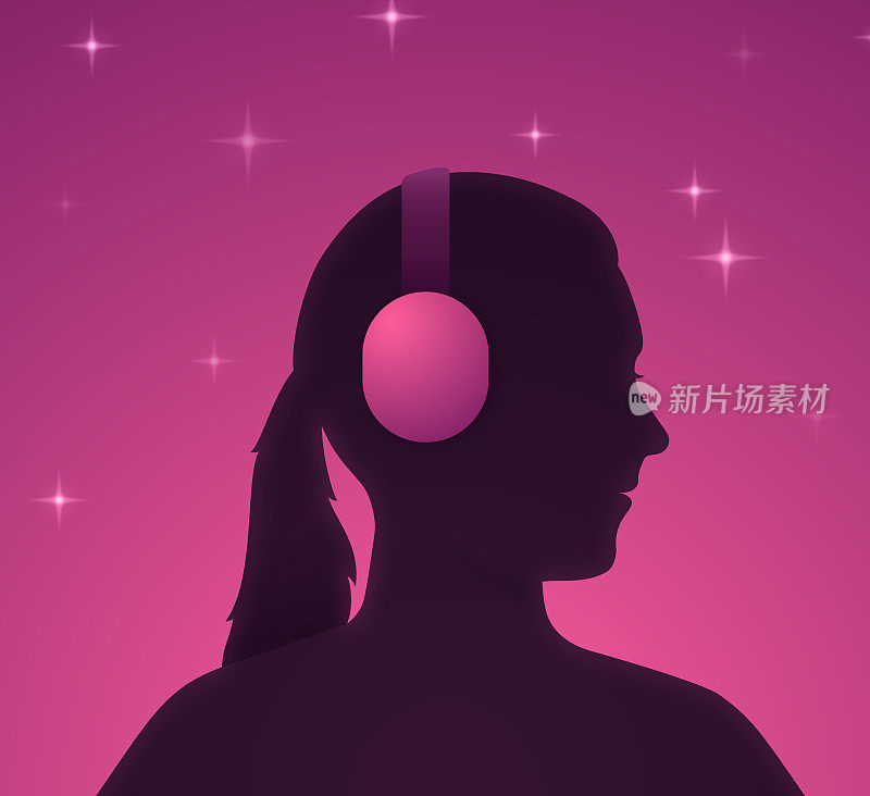 女人听音乐或播客与耳机人剪影