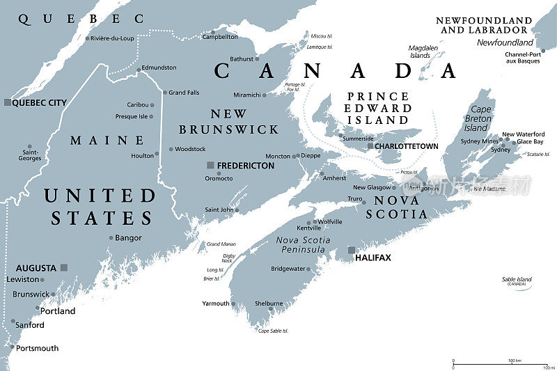 加拿大东部沿海地区，沿海省份灰色政治地图