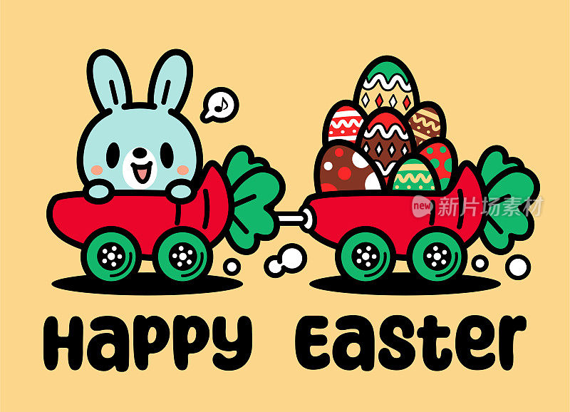 可爱的复活节兔子开着胡萝卜车拉着装满复活节彩蛋的手推车