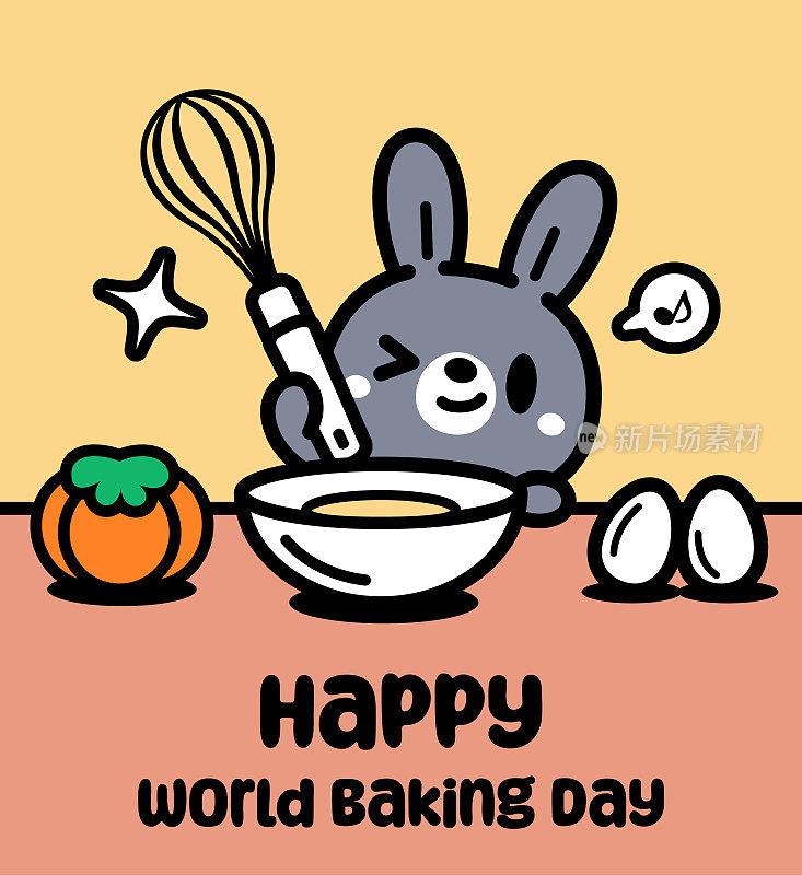 一个可爱的兔子厨师拿着打蛋器，享受烘焙