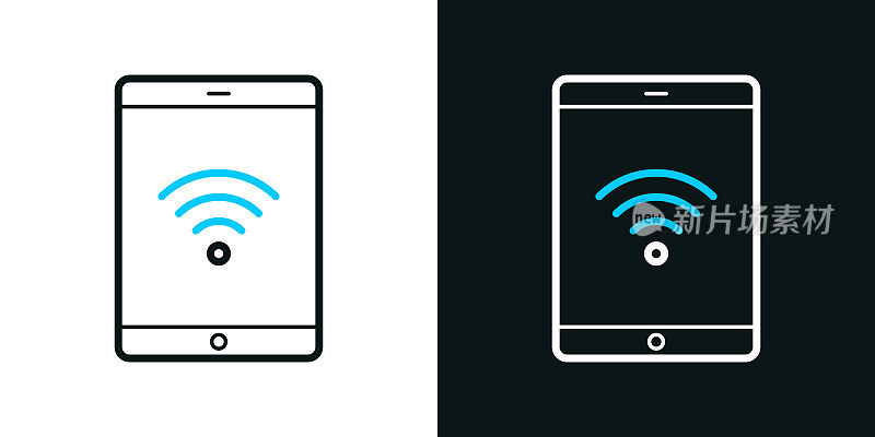 带wifi的平板电脑。黑色或白色背景上的双色线图标-可编辑的笔画