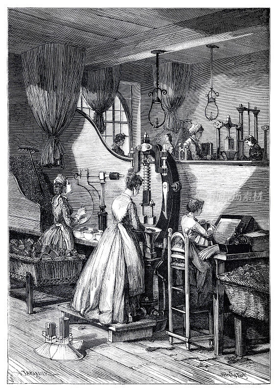 1874年，法国巴黎，妇女在工厂里生产烟草