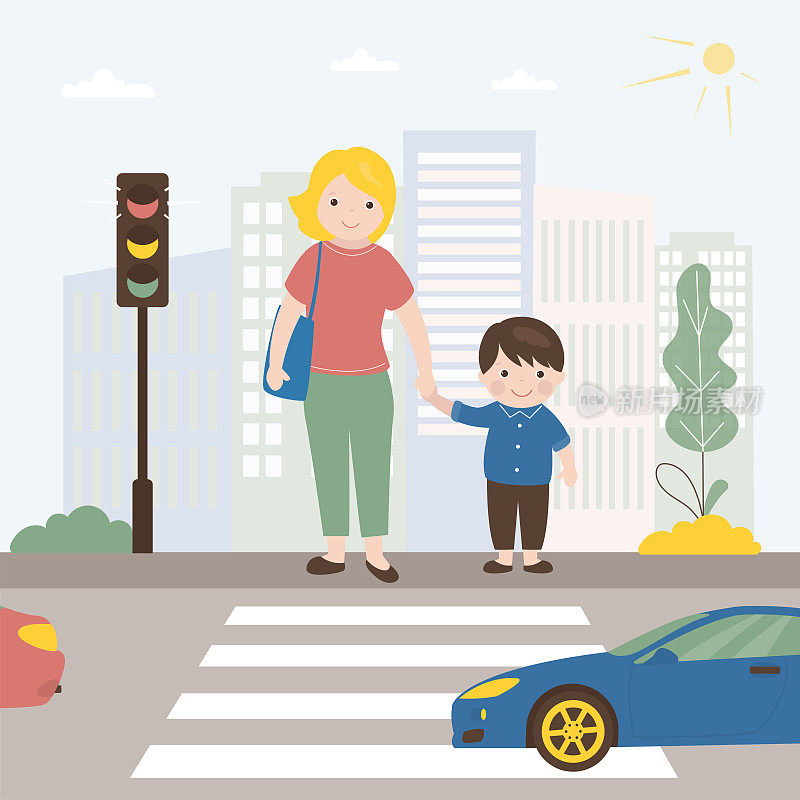 白人母亲和儿子站在马路上的人行横道。行人安全，人遵守交通规则。保姆带着男孩。城市景观，城市道路，红绿灯。街上可爱的角色。