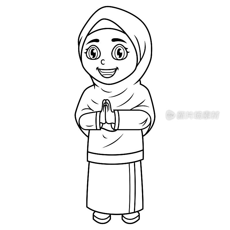 快乐的穆斯林女子卡通线条艺术