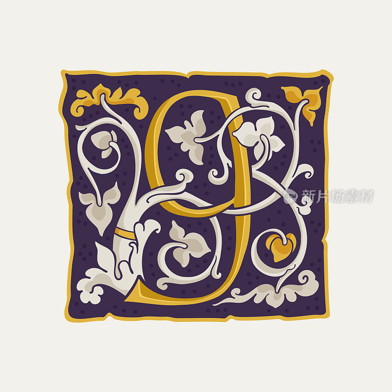 9的标志。9号滴帽。中世纪首字母金色纹理和白色藤蔓。文艺复兴书法会徽。