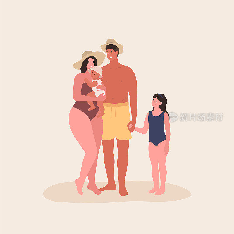 穿着泳装的幸福家庭。暑假。妈妈，爸爸，男婴，女儿。向量