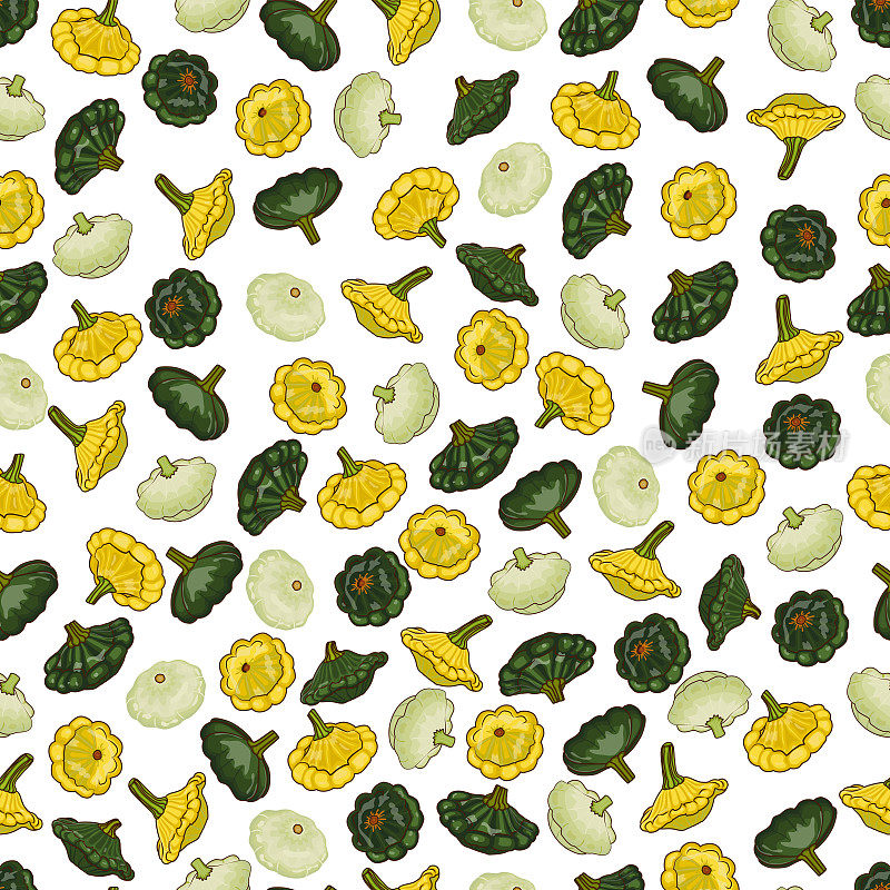 无缝图案与黄色，绿色和白色的帕蒂潘南瓜。扇贝或扇贝南瓜。西葫芦。水果和蔬菜。卡通风格。矢量插图隔离在白色背景上。