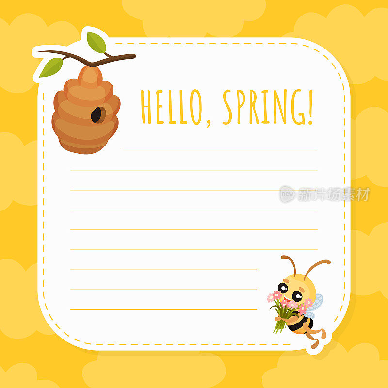 你好，春天空床单与可爱的蜜蜂昆虫和蜂巢矢量模板