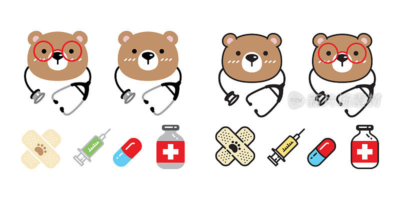熊矢量北极熊图标医学医生药丸医院胶囊听诊器人物卡通标志泰迪符号涂鸦动物插图孤立的设计