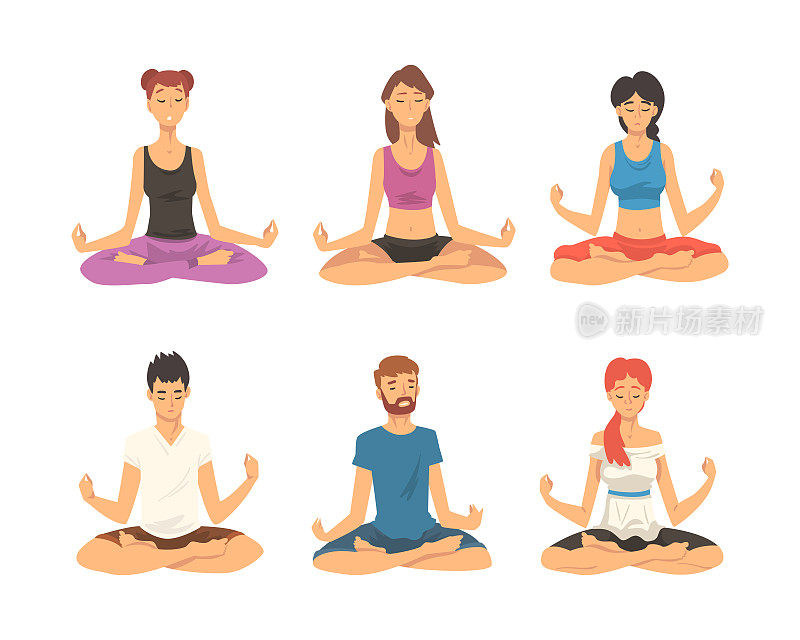 人们女人练习冥想和瑜伽集。青年男女坐莲花位。冥想和健康的生活方式概念卡通矢量插图