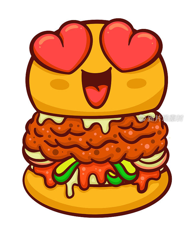 有趣的汉堡爱上了心形的眼睛卡通孤立上白