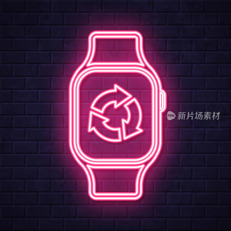 刷新或重新加载智能手表。在砖墙背景上发光的霓虹灯图标