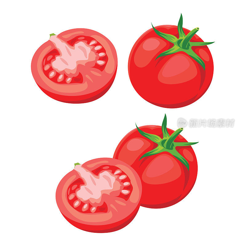 一组红色的番茄被隔离在白色的背景上。新鲜的蔬菜