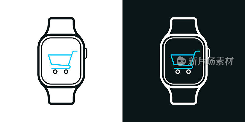智能手表在线购物。黑色或白色背景上的双色线图标-可编辑的笔画