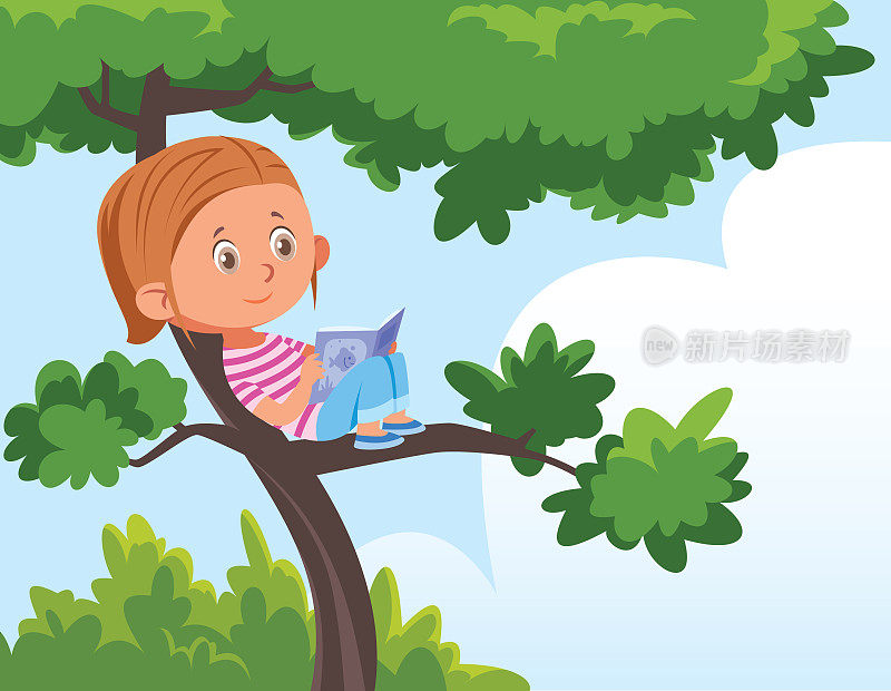 可爱的女孩在树上看书