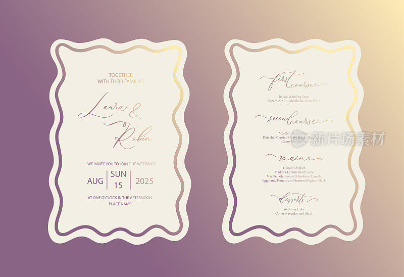 豪华波浪边婚礼邀请卡背景。抽象艺术背景矢量设计婚礼和vip封面模板。