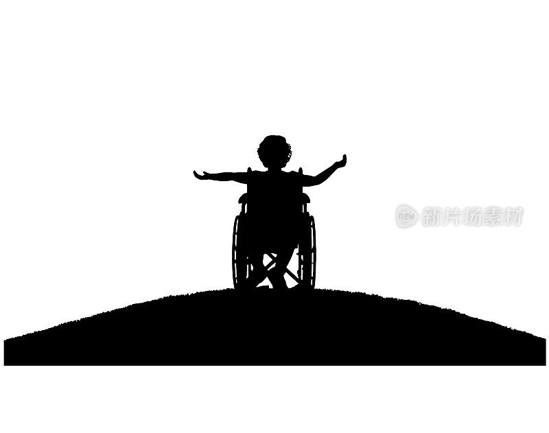 一个快乐的残疾女孩坐在轮椅上山顶剪影。矢量剪影
