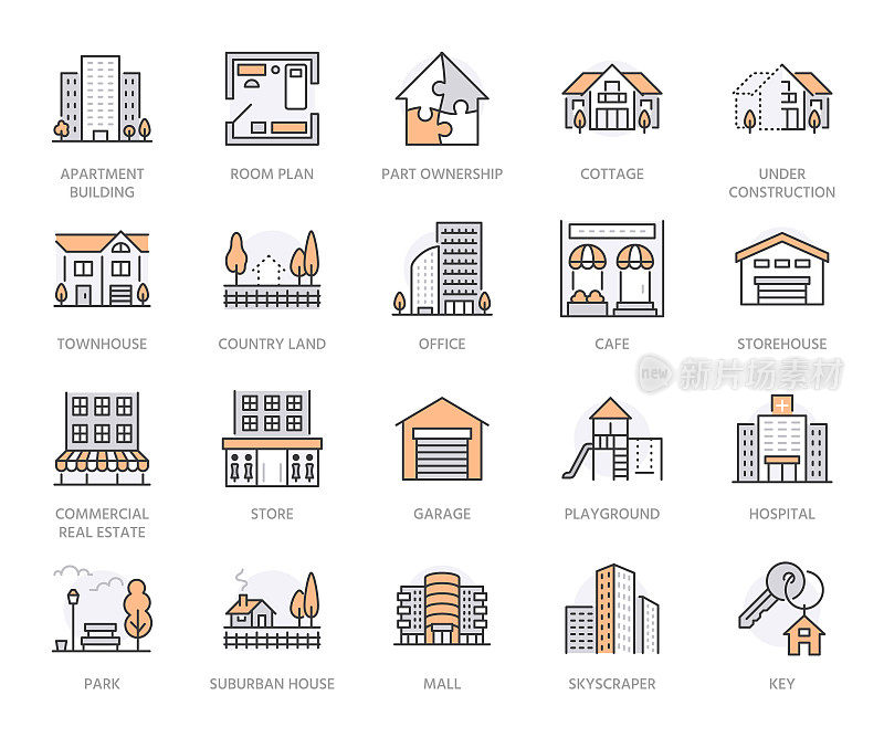 房地产平线图标设置。房屋销售，商业建筑，乡村住宅区域，摩天大楼，商场，幼儿园矢量插图。基础设施的迹象。橙颜色。可编辑的中风