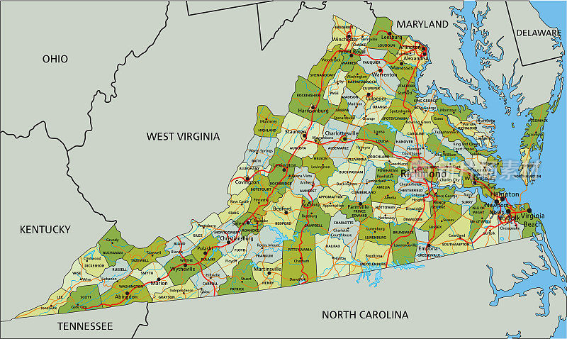 高度详细的可编辑的政治地图与分离的层。维吉尼亚州