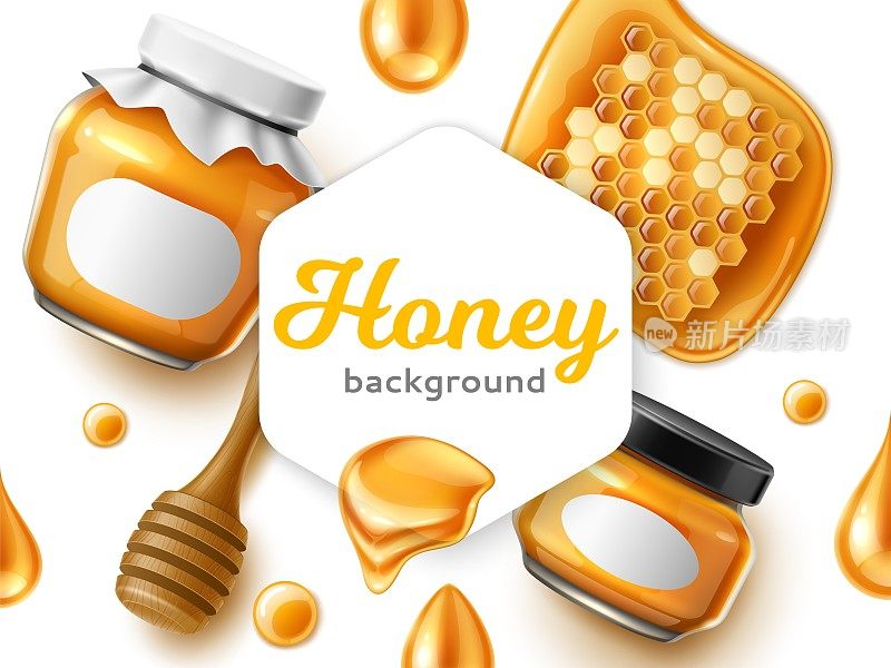 现实的蜂蜜框架插图。甜天然蜂产品，玻璃罐设计包装，木勺，糖浆滴和蜂巢，产品标签设计或广告横幅，完全矢量概念