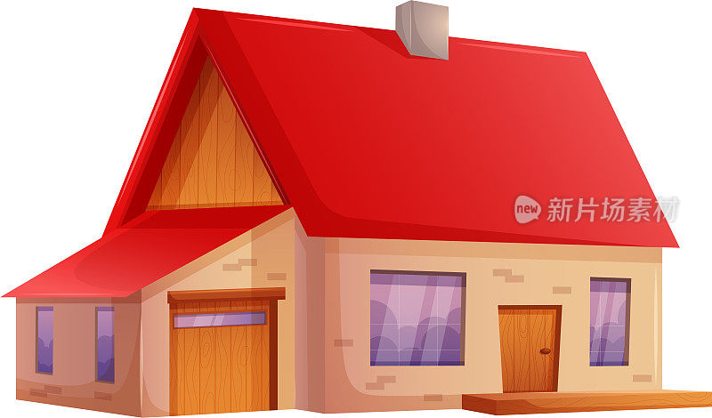 卡通风格的村庄单层建筑矢量图像。红色屋顶的砖房，木嵌件，透明背景上的门