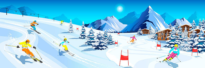 冬季山地景观与许多不同的滑雪者。快乐的男人，女人在阿尔卑斯山滑雪。蓝色的天空，背景是岩石的顶部。冬季体育活动。滑雪胜地。矢量图