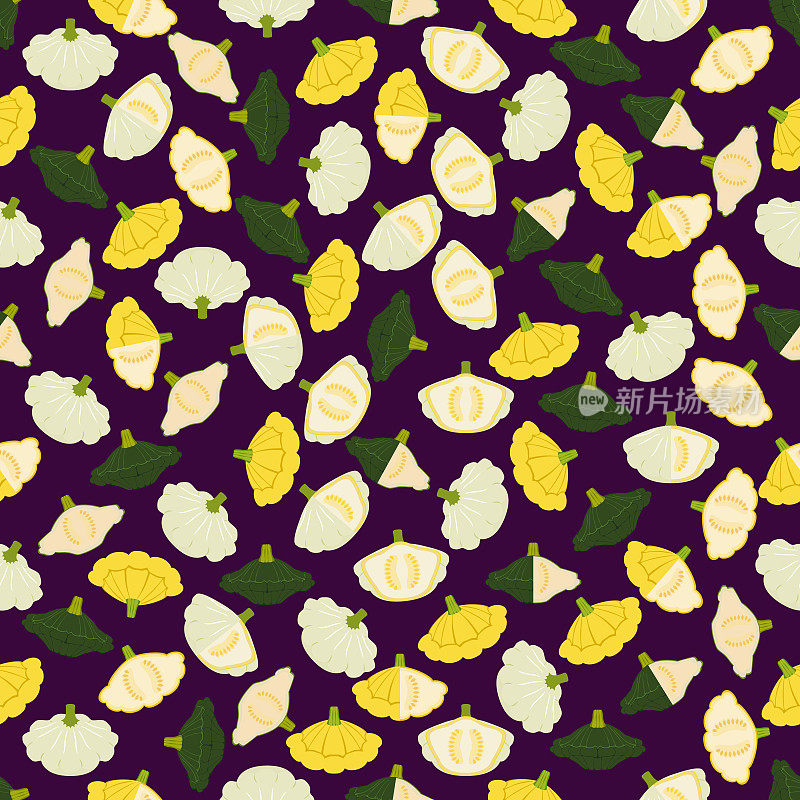 无缝图案与黄色，绿色和白色的帕蒂潘南瓜。扇贝或扇贝南瓜。西葫芦。水果和蔬菜。平的风格。矢量插图孤立的紫色背景。