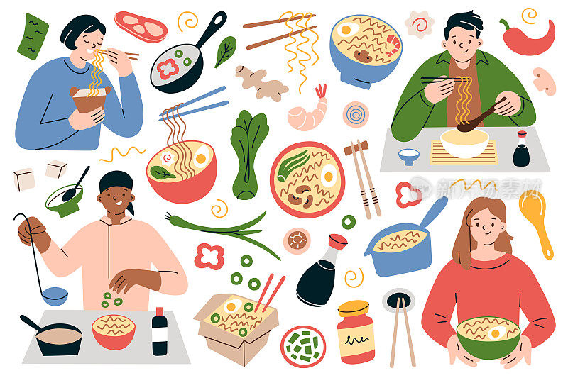 拉面手绘收藏，碗装亚洲面，人们用筷子吃汤面，中国的盒装面，韩国和日本的食物，烹饪拉面