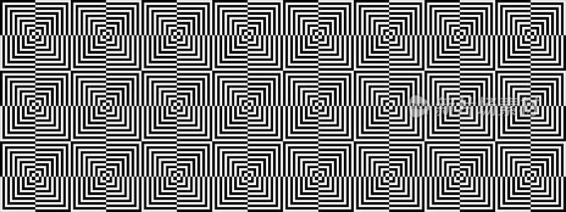 图案与视觉错觉设计与黑色和白色的方块。具有催眠错觉效果的重复四边形。动态纹理