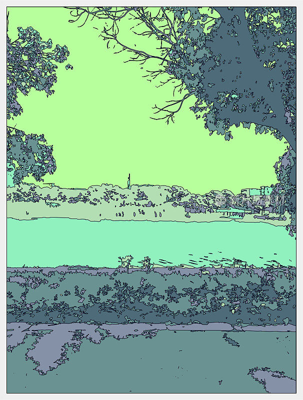 勾勒风格霓虹色彩超时空卡通户外场景,自然景观