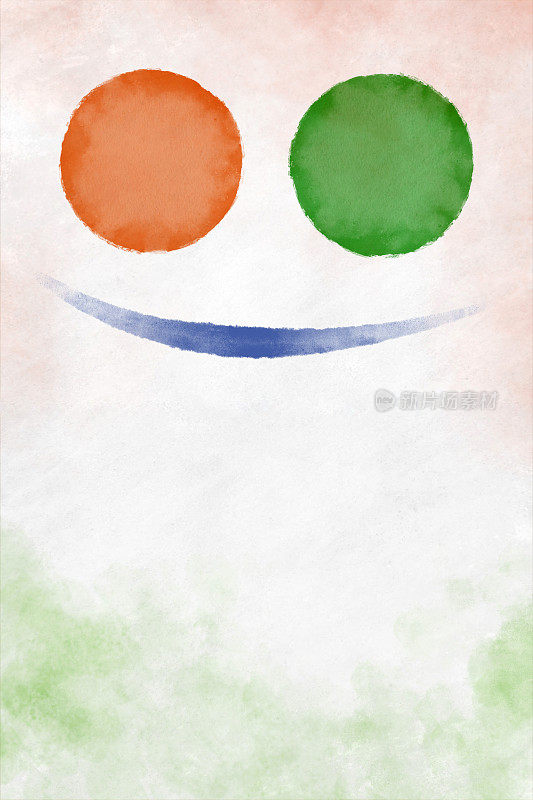 垂直背景-抽象的微笑笑脸的两个圆圈作为眼睛在明亮的橙色藏红花，绿色的三色旗的颜色，如在印度，科特迪瓦，爱尔兰，尼日尔，意大利国旗，涂鸦在一个肮脏的白墙上，与蓝色曲线作为微笑