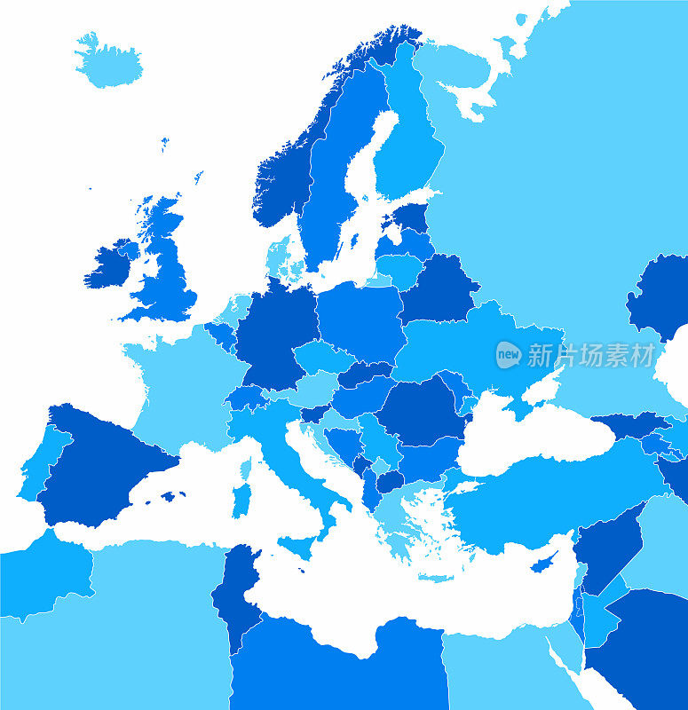 高详细的欧洲蓝色地图，乌克兰，瑞典，葡萄牙，西班牙，德国，波兰，意大利，丹麦，奥地利，克罗地亚的国家边界