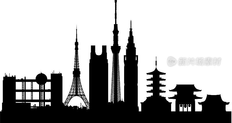 东京天际线剪影(所有建筑都是可移动的和完整的)