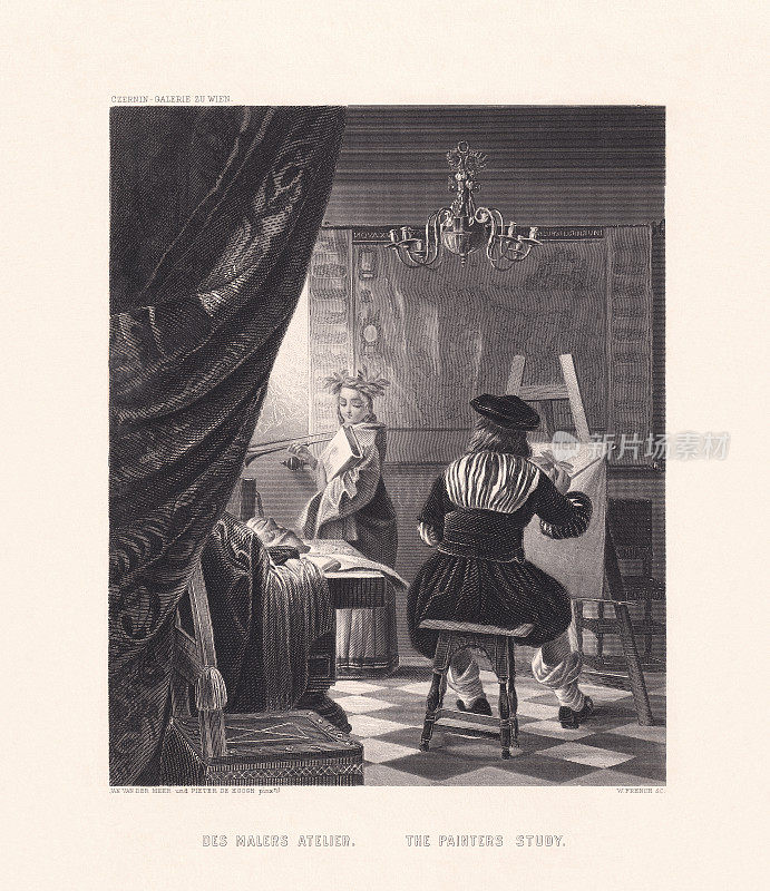 艺术家的工作室，维米尔画，钢雕刻，出版于1850年