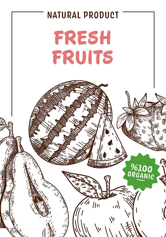 新鲜水果素描矢量海报模板
