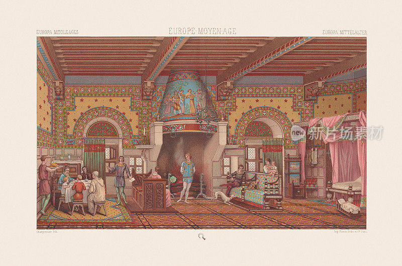 一座法国城堡的内景(12世纪中期)，色版印刷，1888年