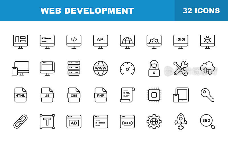 Web开发线图标。可编辑的中风。包含人工智能、云计算、数据科学、数据库、设计、工程师、编程、SEO、软件开发、网页设计等图标。