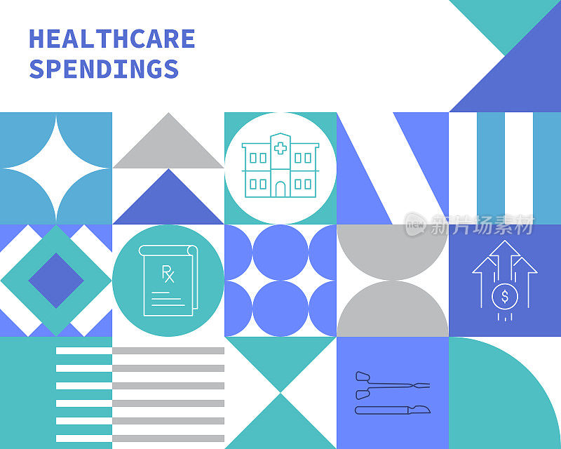 医疗保健支出概念包豪斯风格的背景设计与可编辑的笔画线图标