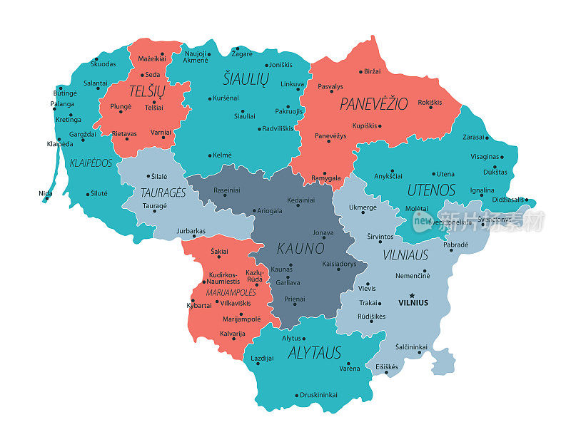 立陶宛的地图。立陶宛矢量彩色地图
