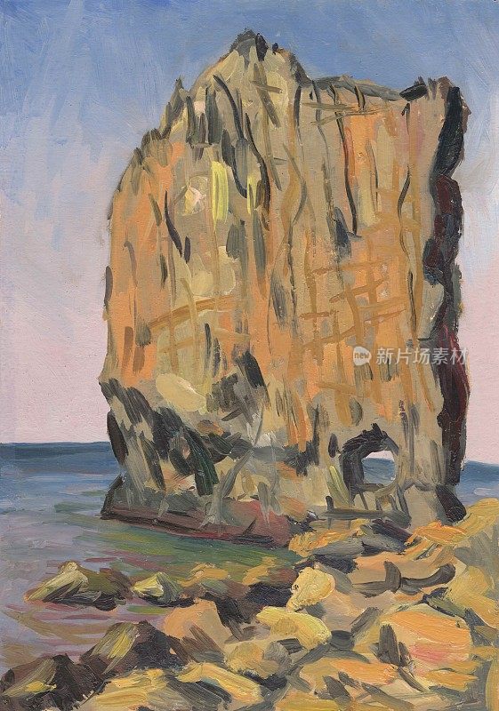 海边的岩石。油画