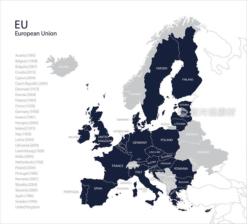 欧盟地图及国家名单。