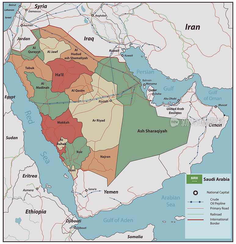 沙特阿拉伯地图与可选择的领土。向量