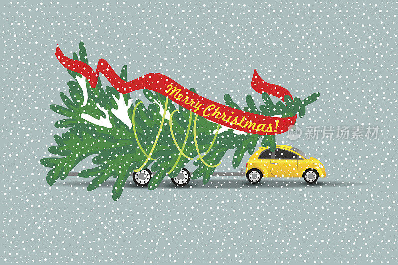 圣诞快乐!黄色的汽车载着一棵圣诞树。矢量插图。