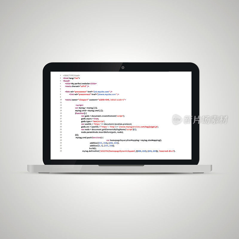 现实光滑的笔记本电脑与简单的网站HTML代码在白色