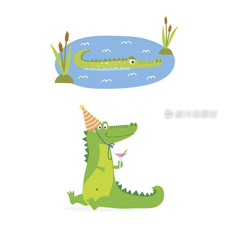 卡通绿色鳄鱼有趣的捕食者澳大利亚野生动物河流爬行动物短吻鳄平面矢量插图