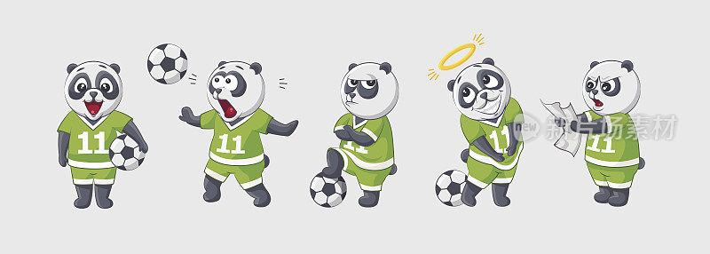 套装套装收集贴纸表情符号表情符号情感向量孤立的插图快乐的人物可爱的小踢球者熊猫足球运动员守门员前锋后卫