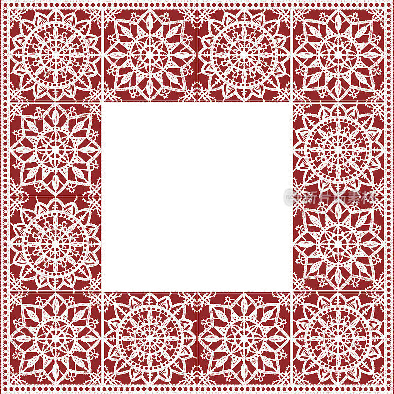 白色花边。桌巾。方形框架。