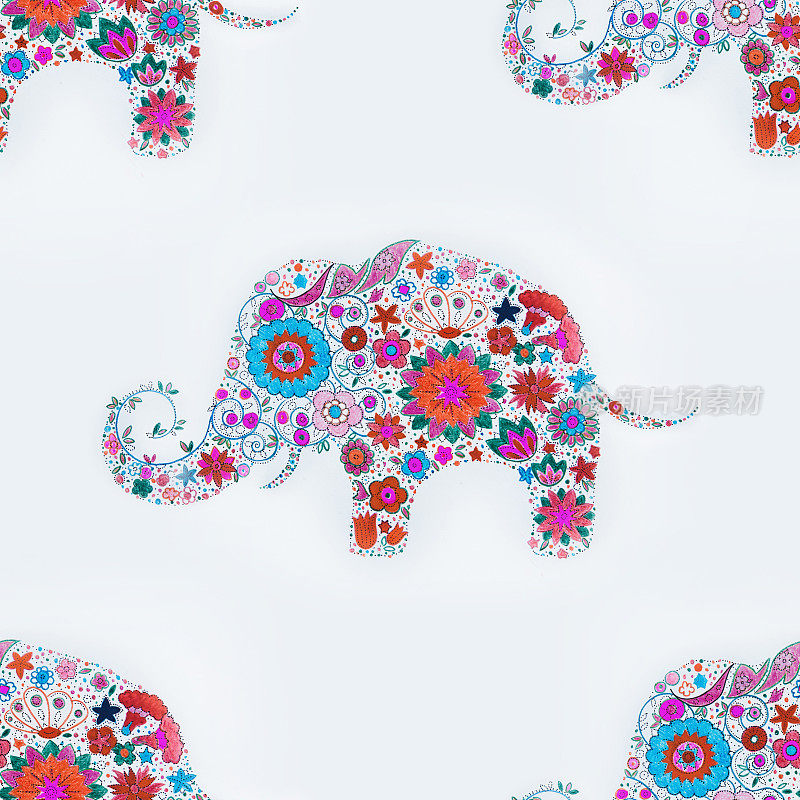 无缝图案的花大象在白色的背景。