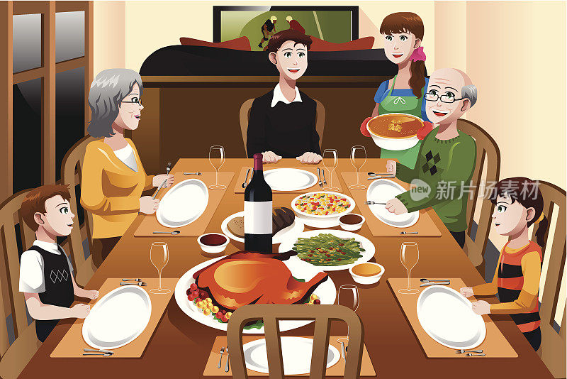 一家人在吃感恩节晚餐