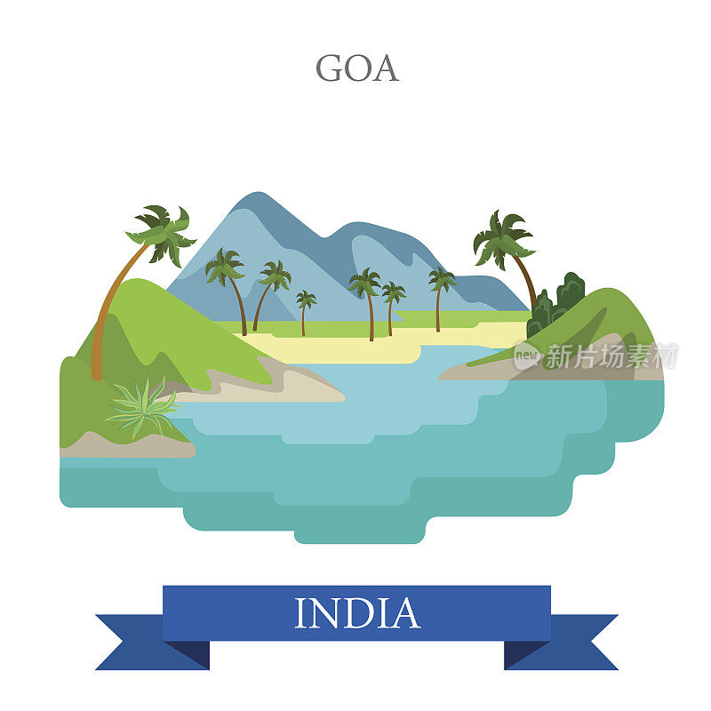 在印度果阿。平面卡通风格的历史景点展示景点网站矢量插图。世界各国城市度假旅游观光亚洲收藏。